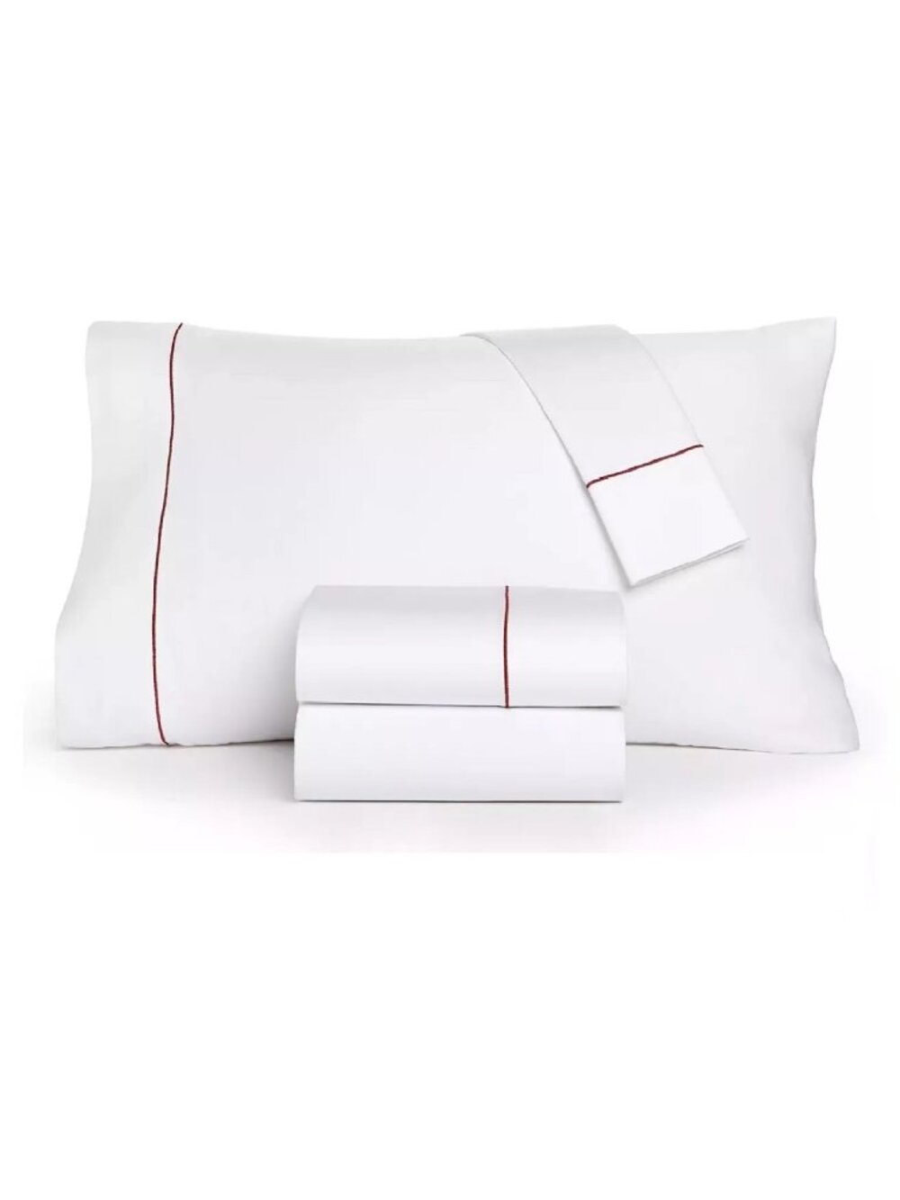 new Charter Club 550 TC Cotton QUEEN Sheet Set WHITE w/ Red Embroidered Cuffs